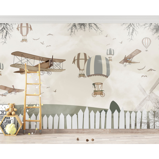 Carta da parati panoramica per bambini - Aerei Mongolfiere