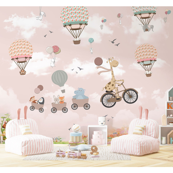 Carta da parati panoramica per bambini - Animali Mongolfiere