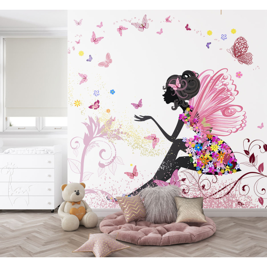 Carta da parati panoramica per bambini - Fata Fiori Farfalle