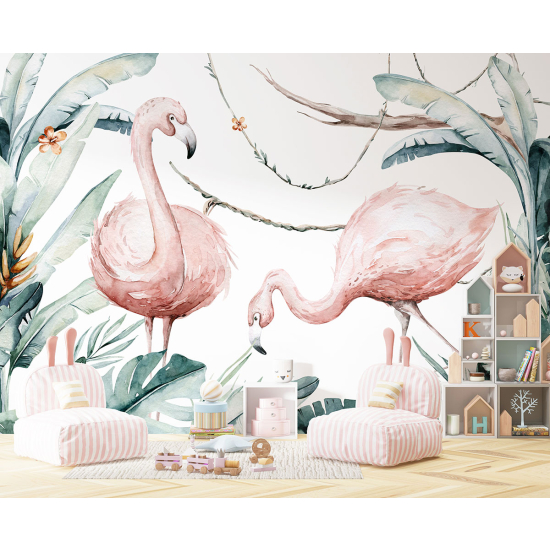 Carta da parati panoramica per bambini - Fenicotteri rosa
