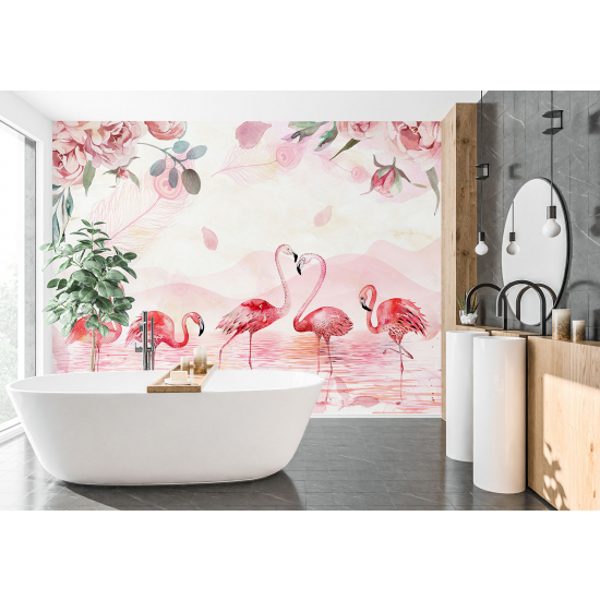 Carta da parati panoramica per bambini - Fenicotteri rosa Fiori