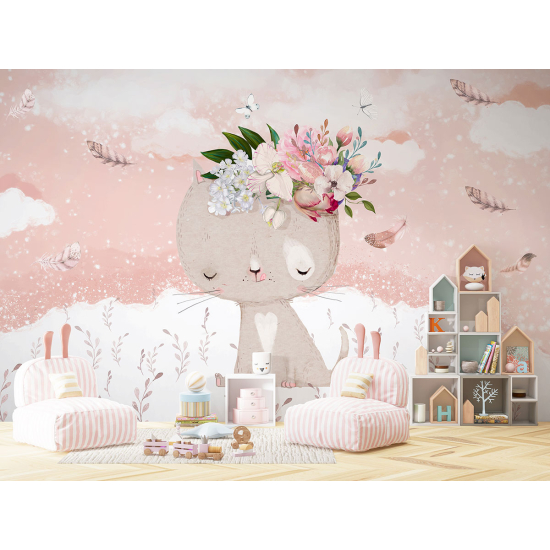 Carta da parati panoramica per bambini - Gatto Fiori