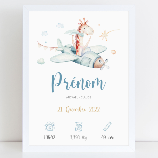Poster nascita personalizzato - Giraffa aereo