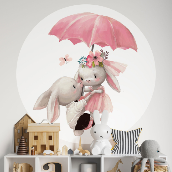 Adesivo Murale Cerchio / Rotondo per Bambini - Conigli Ombrello