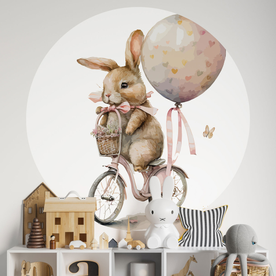 Adesivo Murale Cerchio / Rotondo per Bambini - Coniglio in Bicicletta