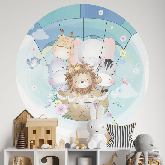 Adesivo Murale Cerchio / Rotondo per Bambini - Mongolfiera Animali