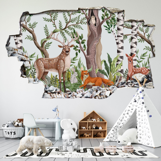 Adesivo murale effetto 3D - Foresta Animali