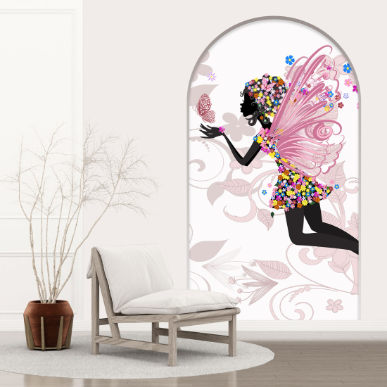 Adesivo Murale - Illusione ottica - Arco per Bambini - Fata Fiori farfalle