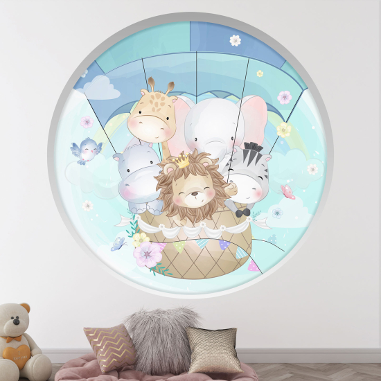 Adesivo Murale - Illusione ottica - Arco rotondo per Bambini - Animali mongolfiera