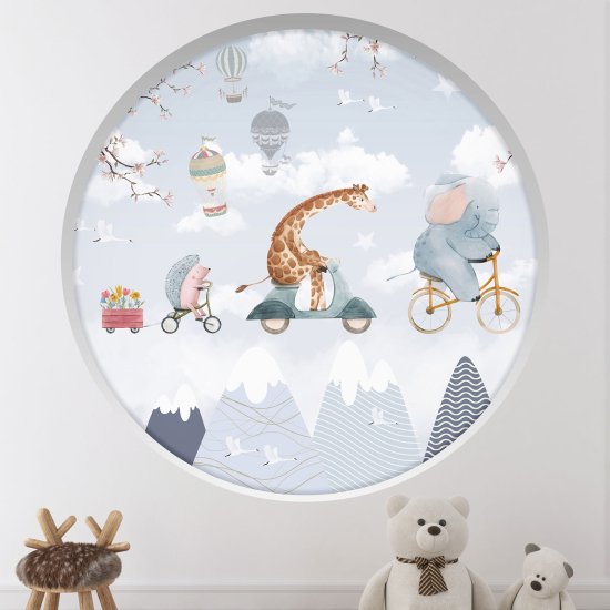 Adesivo Murale - Illusione ottica - Arco rotondo per Bambini - Animali nel cielo