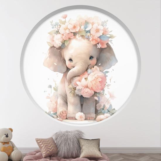 Adesivo Murale - Illusione ottica - Arco rotondo per Bambini - Elefante floreale