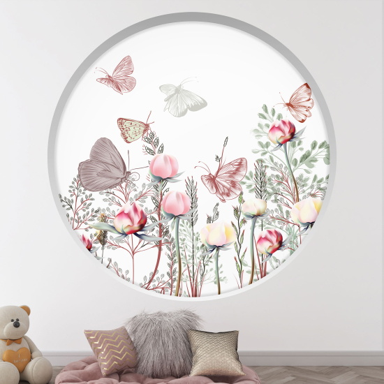 Adesivo Murale - Illusione ottica - Arco rotondo per Bambini - Fiori farfalle