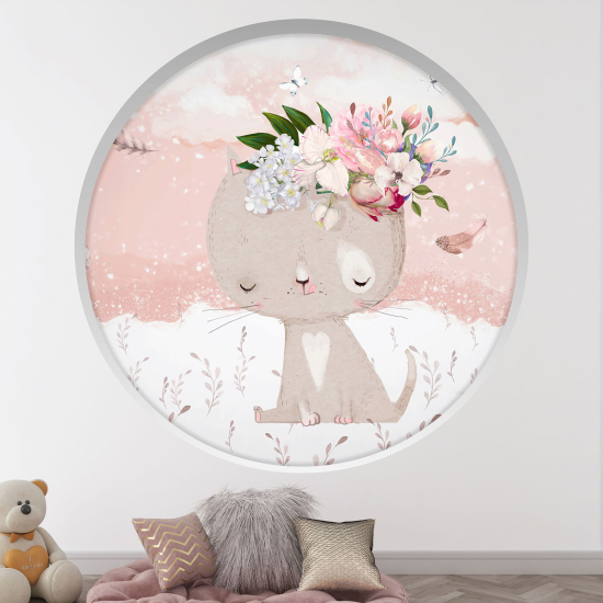 Adesivo Murale - Illusione ottica - Arco rotondo per Bambini - Gatti fiori