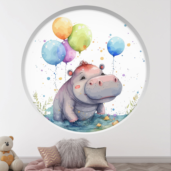 Adesivo Murale - Illusione ottica - Arco rotondo per Bambini - Ippopotamo palloncini