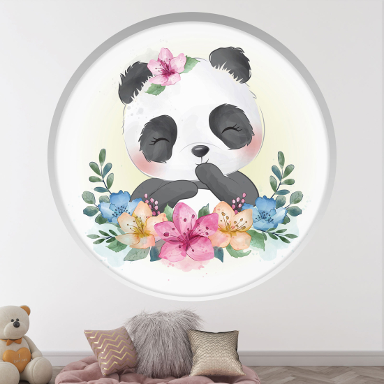 Adesivo Murale - Illusione ottica - Arco rotondo per Bambini - Panda fiori