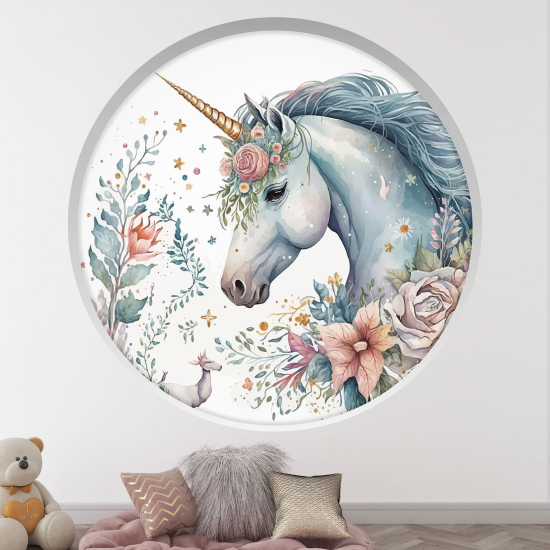 Adesivo Murale - Illusione ottica - Arco rotondo per Bambini - Unicorno fiori