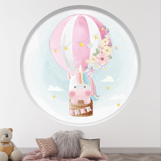 Adesivo Murale - Illusione ottica - Arco rotondo per Bambini - Unicorno mongolfiera