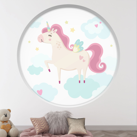 Adesivo Murale - Illusione ottica - Arco rotondo per Bambini - Unicorno nuvole