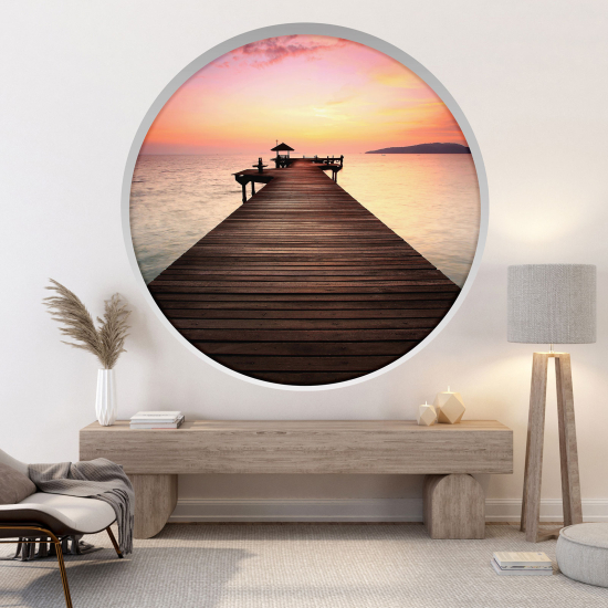 Adesivo Murale - Illusione ottica - Arco rotondo - Pontile al tramonto
