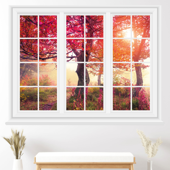 Adesivo Murale - Illusione ottica - Finestra - Alberi foglie rosa