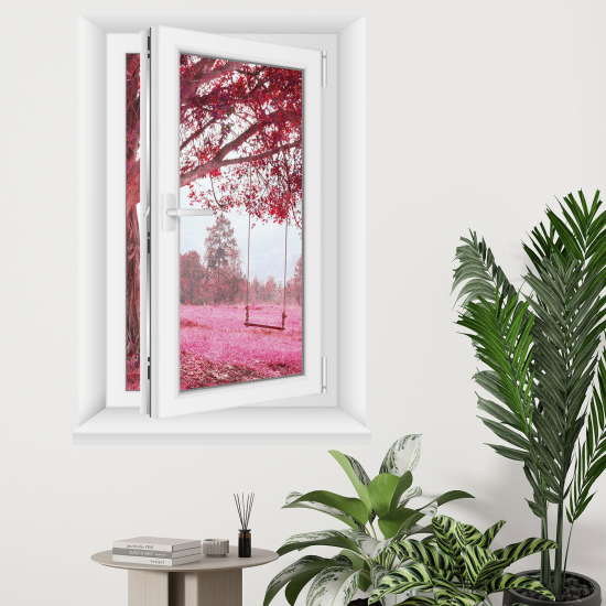 Adesivo Murale - Illusione ottica - Finestra - Albero foglie rosa