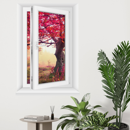 Adesivo Murale - Illusione ottica - Finestra - Albero foglie rosa