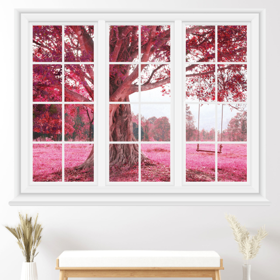 Adesivo Murale - Illusione ottica - Finestra - Albero foglie rosa