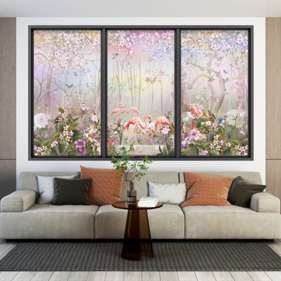 Adesivo Murale - Illusione ottica - Finestra - Fenicotteri Rosa