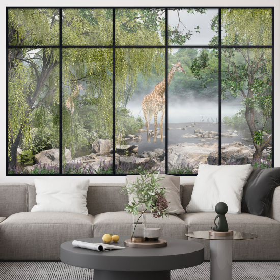 Adesivo Murale - Illusione ottica - Finestra - Giraffe Giungla