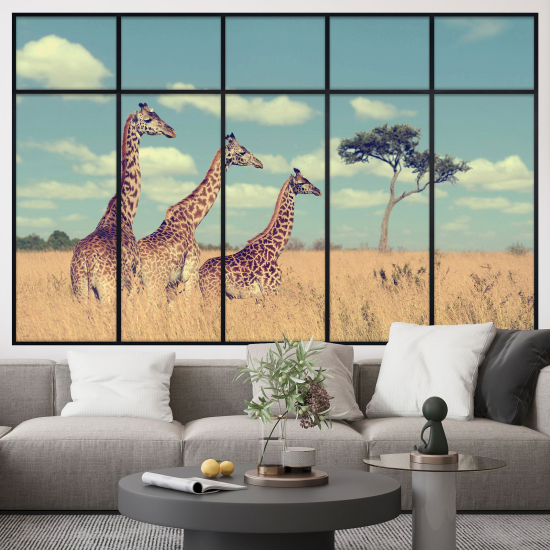 Adesivo Murale - Illusione ottica - Finestra - Giraffe Savana