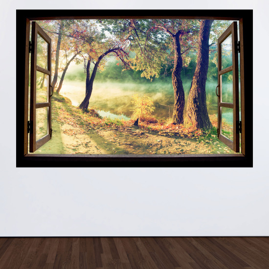 Adesivo Murale - Illusione ottica - Finestra in legno - Alberi