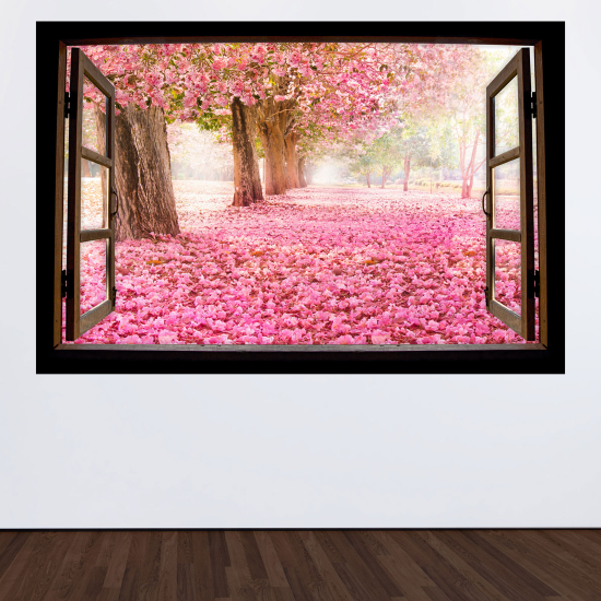 Adesivo Murale - Illusione ottica - Finestra in legno - Alberi e fiori rosa