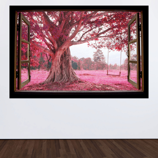 Adesivo Murale - Illusione ottica - Finestra in legno - Alberi foglie rosa