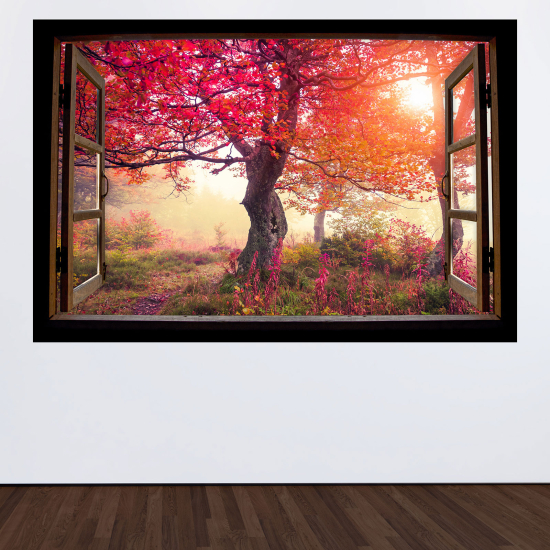 Adesivo Murale - Illusione ottica - Finestra in legno - Alberi foglie rosa