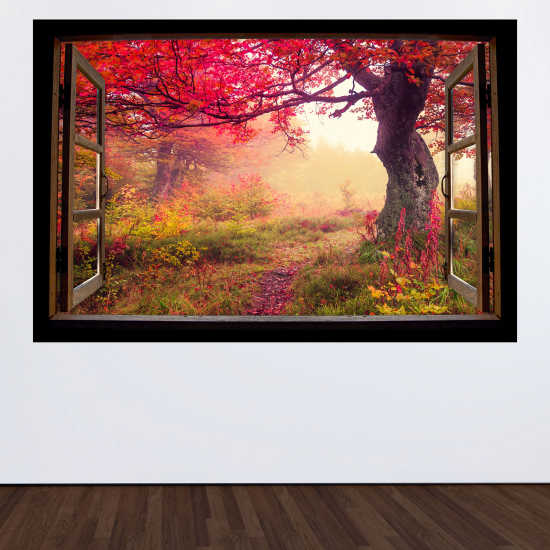 Adesivo Murale - Illusione ottica - Finestra in legno - Alberi foglie rosse