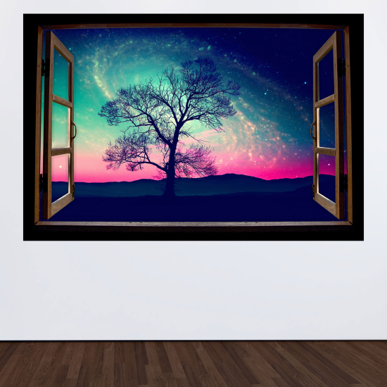 Adesivo Murale - Illusione ottica - Finestra in legno - Albero e Cielo