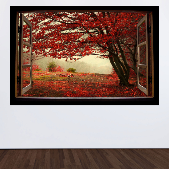 Adesivo Murale - Illusione ottica - Finestra in legno - Albero foglie rosse