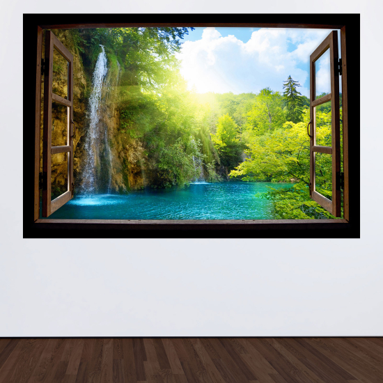 Adesivo Murale - Illusione ottica - Finestra in legno - Cascata