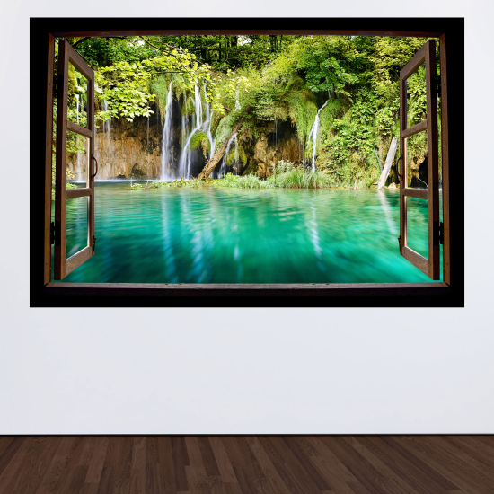 Adesivo Murale - Illusione ottica - Finestra in legno - Cascate