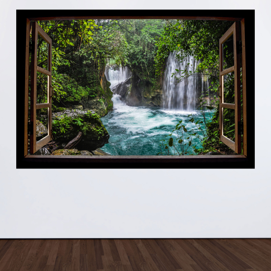 Adesivo Murale - Illusione ottica - Finestra in legno - Cascate