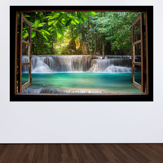 Adesivo Murale - Illusione ottica - Finestra in legno - Cascate