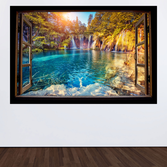 Adesivo Murale - Illusione ottica - Finestra in legno - Cascate