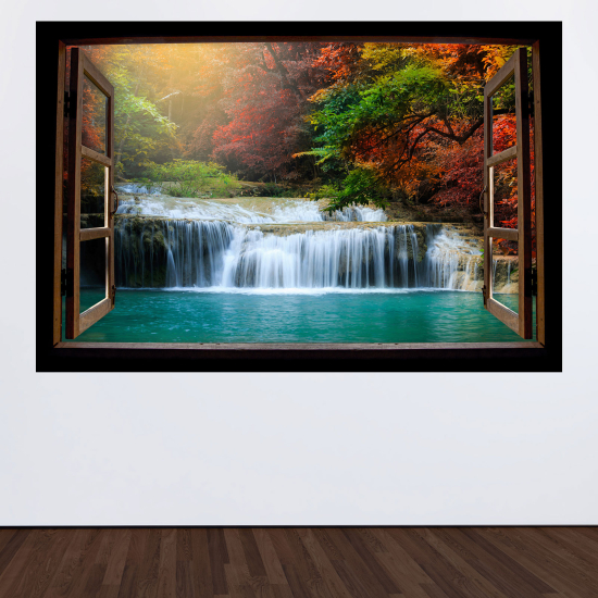 Adesivo Murale - Illusione ottica - Finestra in legno - Cascate