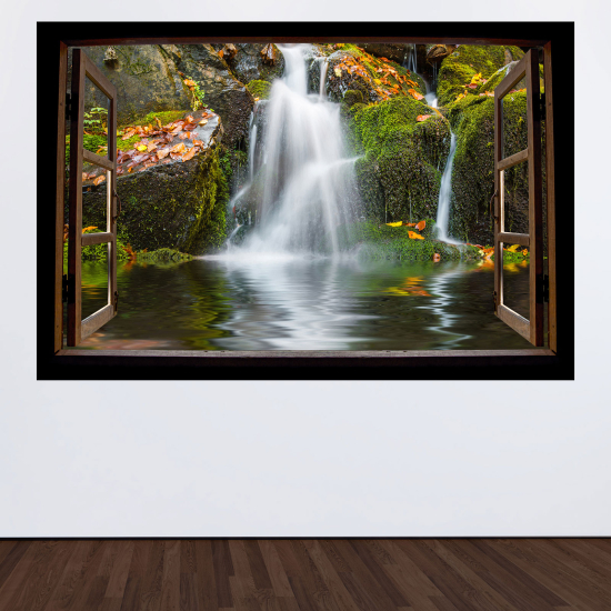 Adesivo Murale - Illusione ottica - Finestra in legno - Cascate