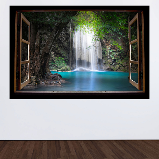 Adesivo Murale - Illusione ottica - Finestra in legno - Cascate