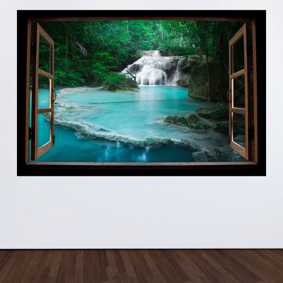 Adesivo Murale - Illusione ottica - Finestra in legno - Cascate