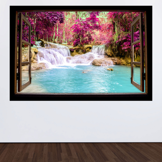 Adesivo Murale - Illusione ottica - Finestra in legno - Cascate