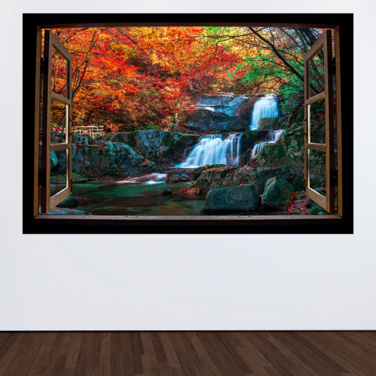 Adesivo Murale - Illusione ottica - Finestra in legno - Cascate