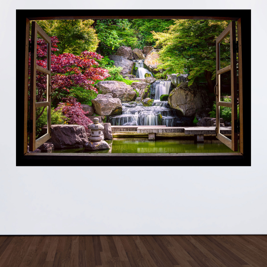 Adesivo Murale - Illusione ottica - Finestra in legno - Cascate