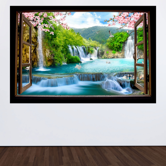 Adesivo Murale - Illusione ottica - Finestra in legno - Cascate